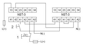 Zastosowanie przekaźnika bezpieczeństwa NST-3 jako jednostki rozszerzeń (połączenie 1-kanałowe).