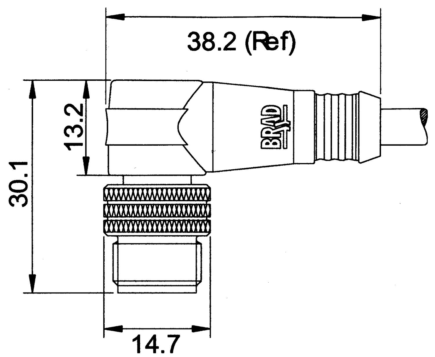 M12, fully groated cable, angled male, dimension