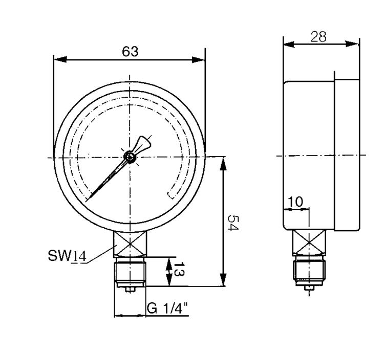 Pressure gauge, acidproof, Ø63 mm. Model 2030